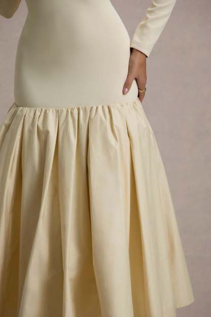 Perpetua Cream Drop-Waist Midi Dress With Volume Skirt