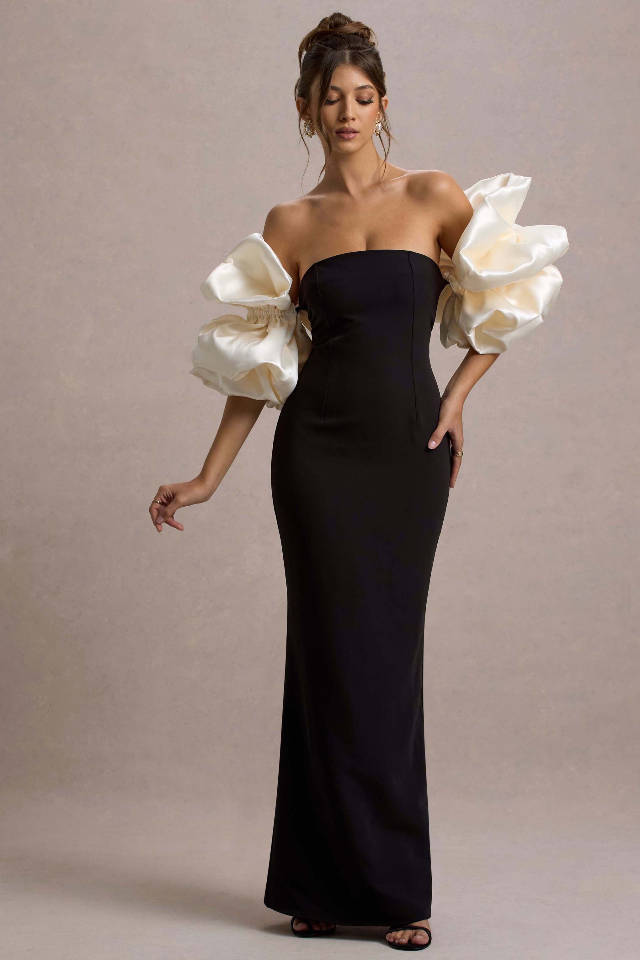 Evermore Black & Cream Puff-Sleeve Maxi Dress