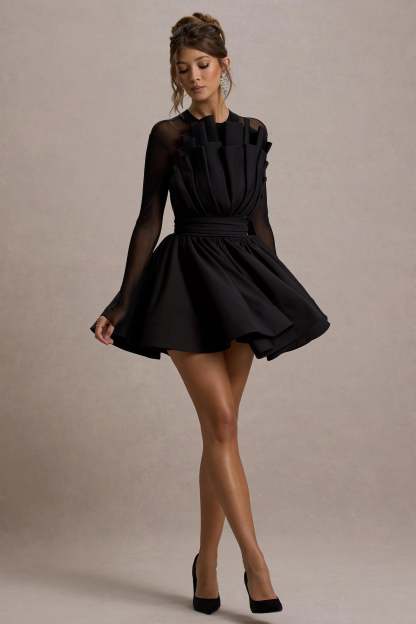 Jeri Black Mesh Long-Sleeve Ruffled Mini Dress