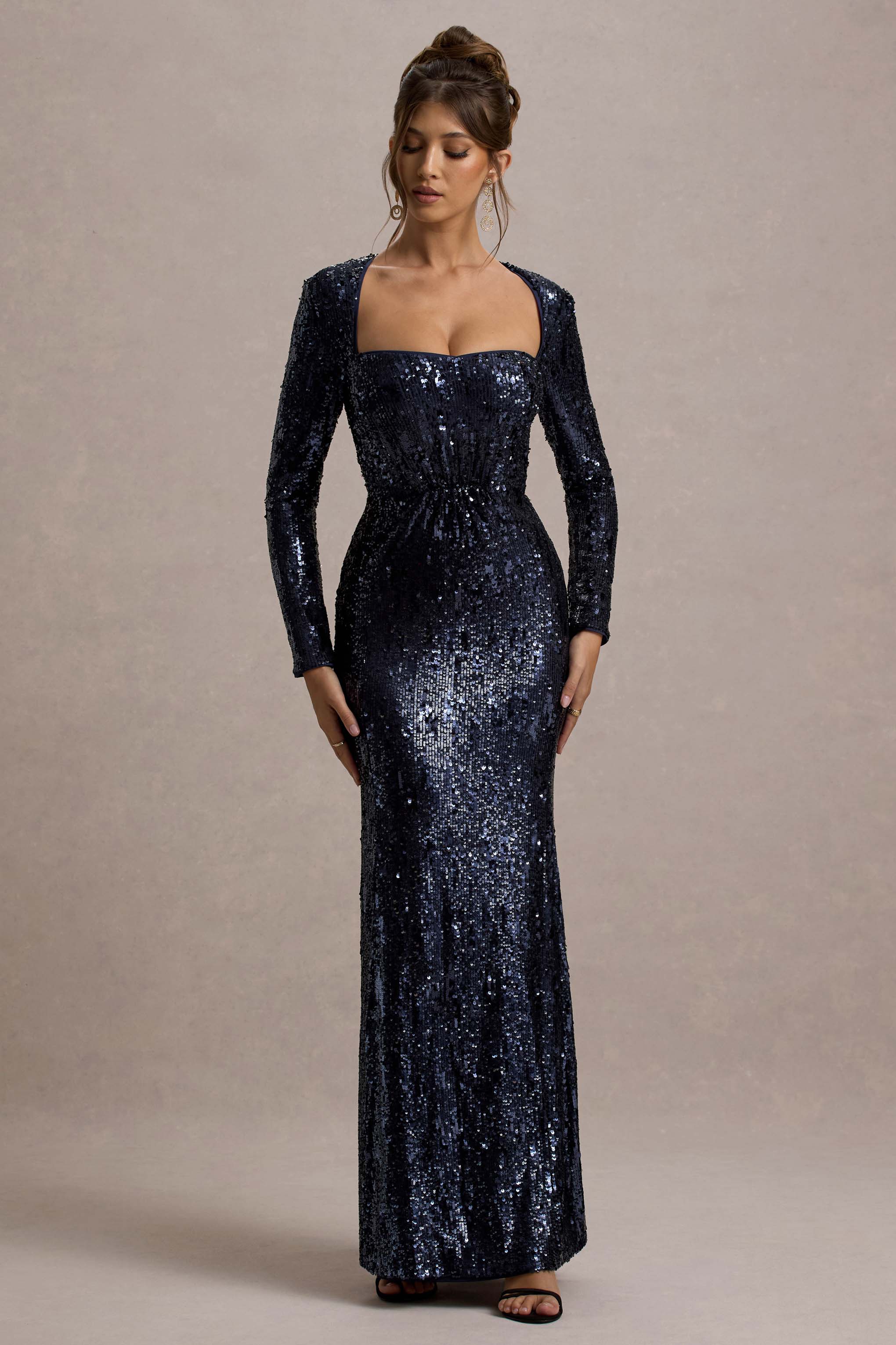 Ensley Navy Sequin Sweetheart Long-Sleeve Maxi Dress
