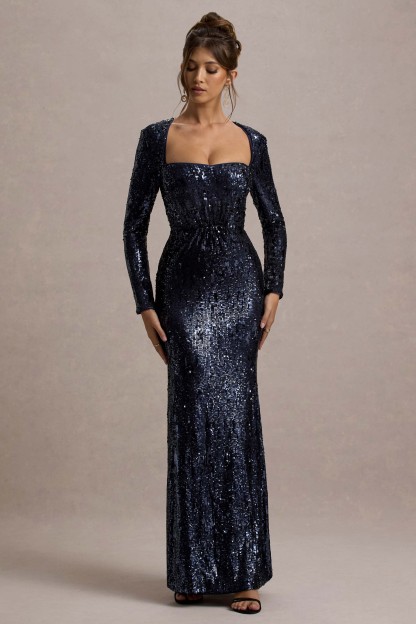 Ensley Navy Sequin Sweetheart Long-Sleeve Maxi Dress