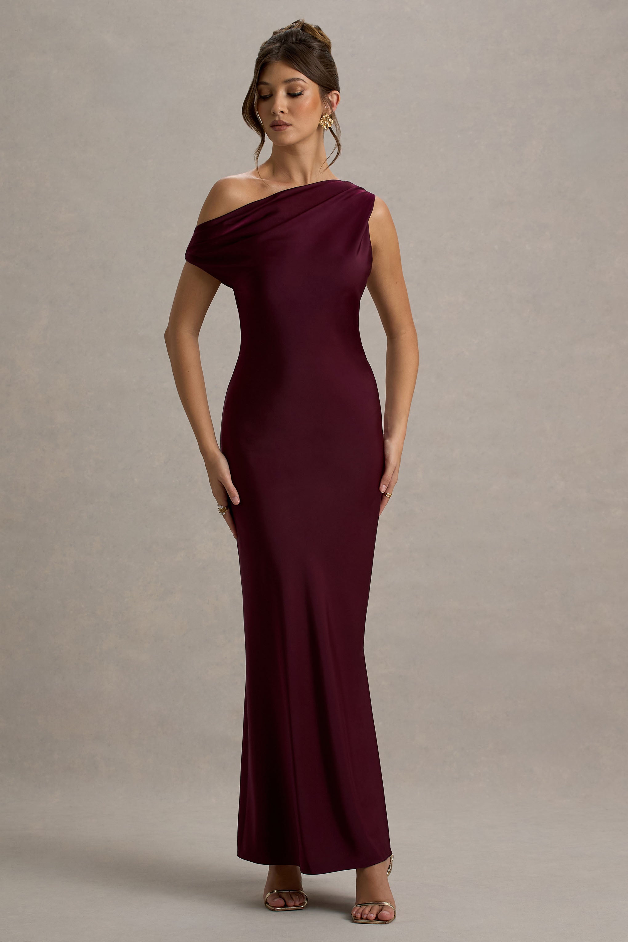 Isolde Burgundy Satin One-Shoulder Maxi Dress