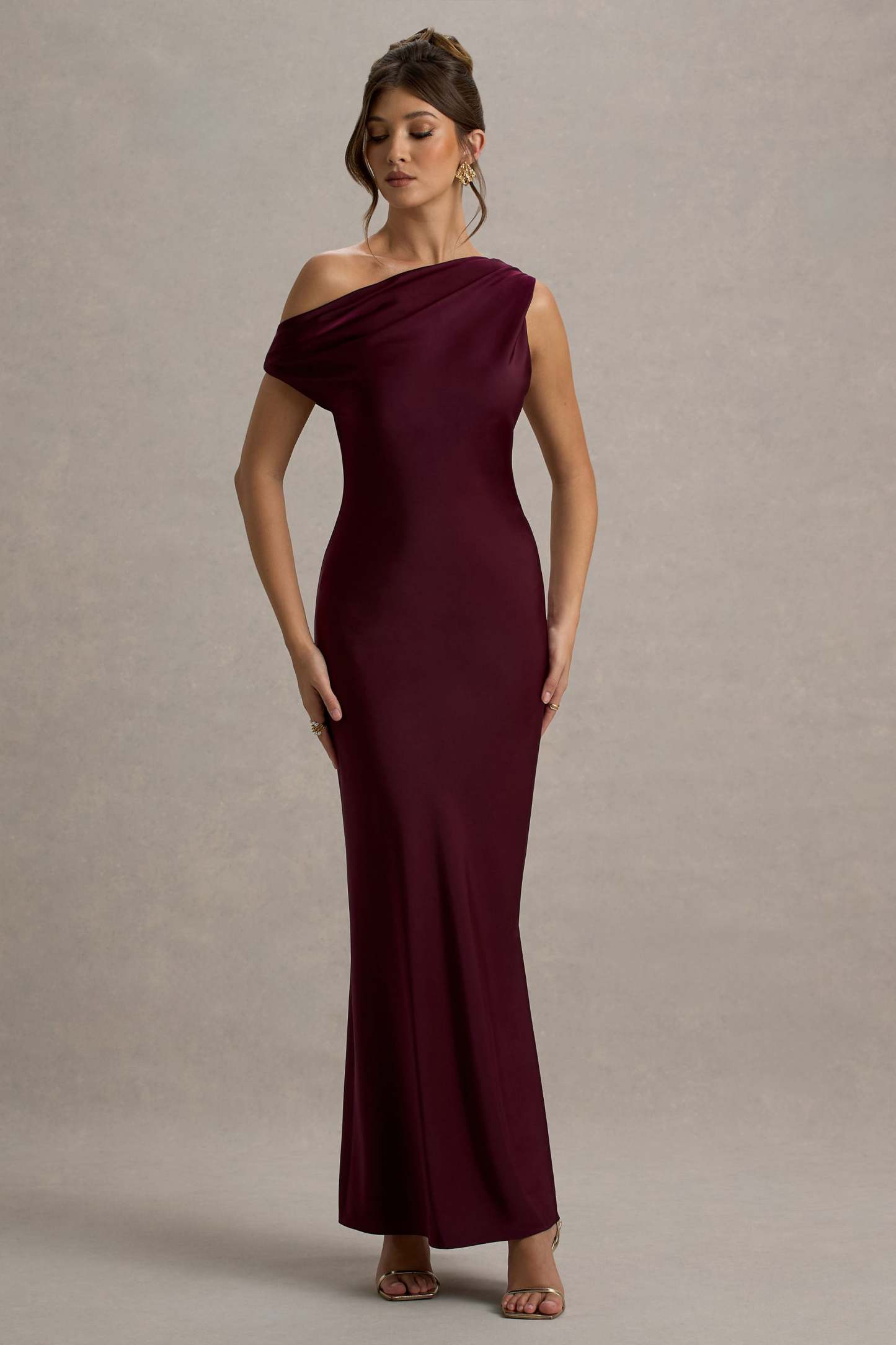Isolde Burgundy Satin One-Shoulder Maxi Dress