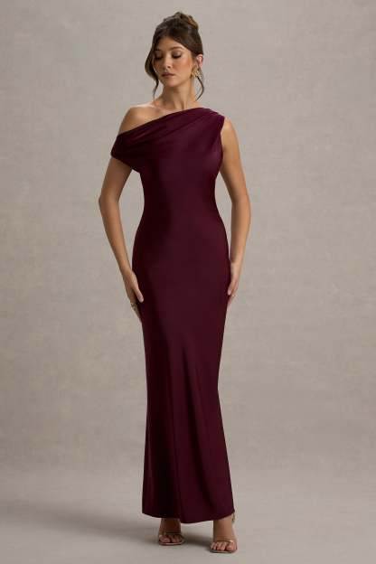 Isolde Burgundy Satin One-Shoulder Maxi Dress