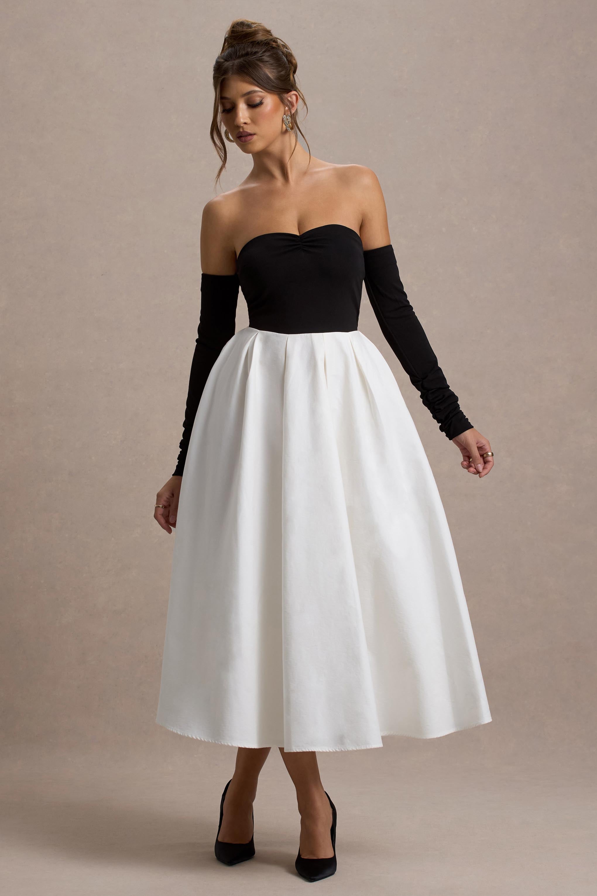 Solada Black & Cream Bardot Pleated Maxi Dress
