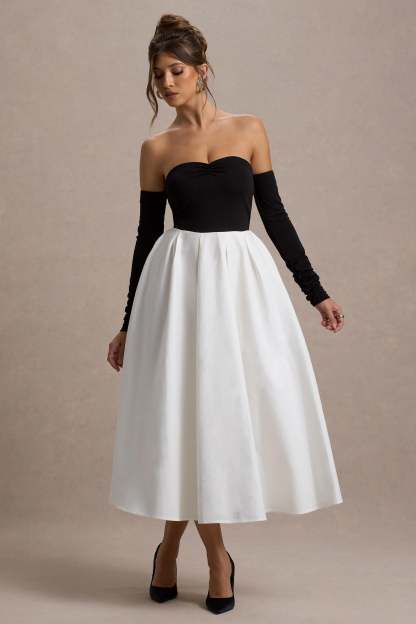 Solada Black & Cream Bardot Pleated Maxi Dress