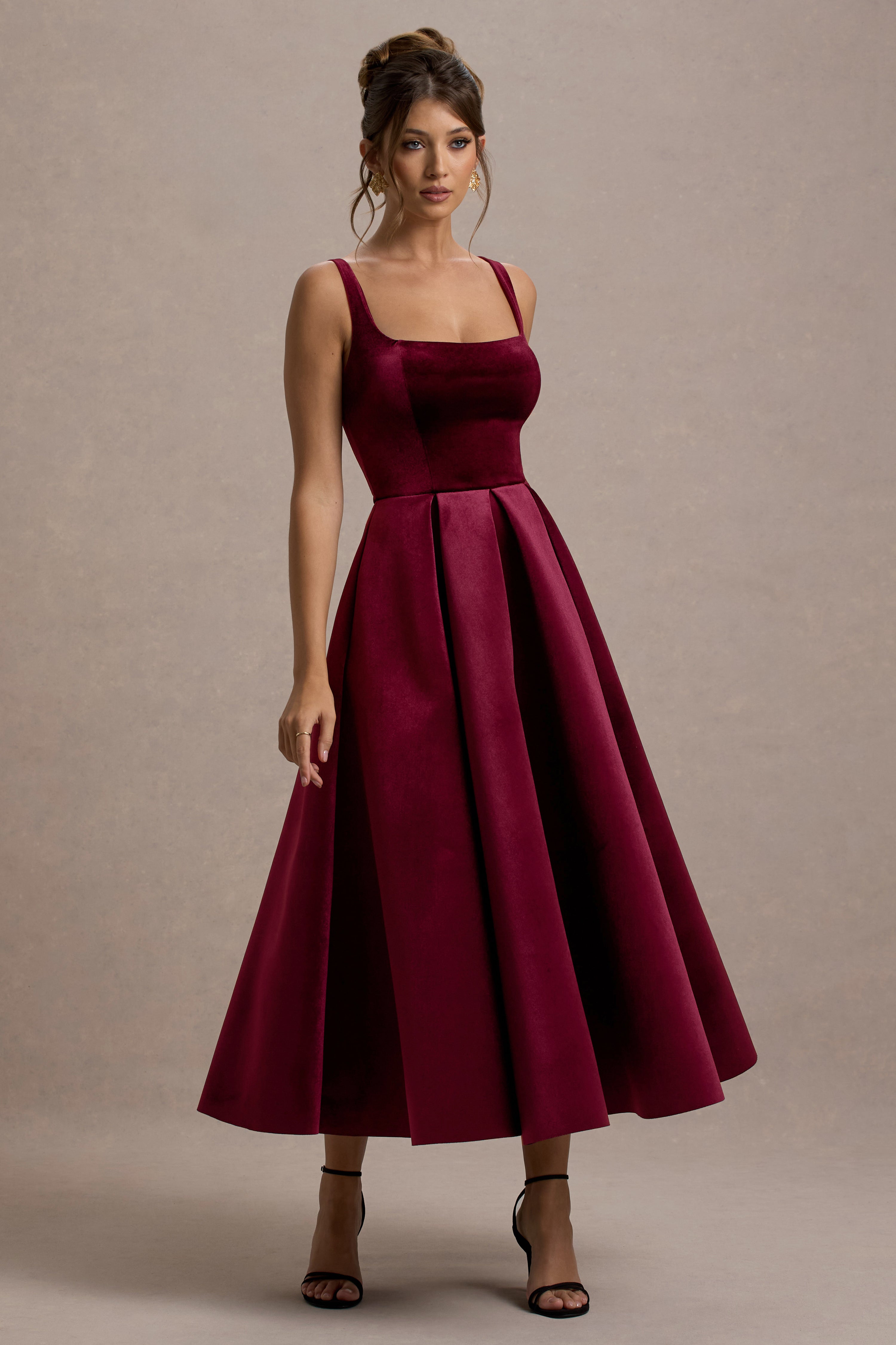 Berry Velvet Strappy Volume-Hem Midi Dress