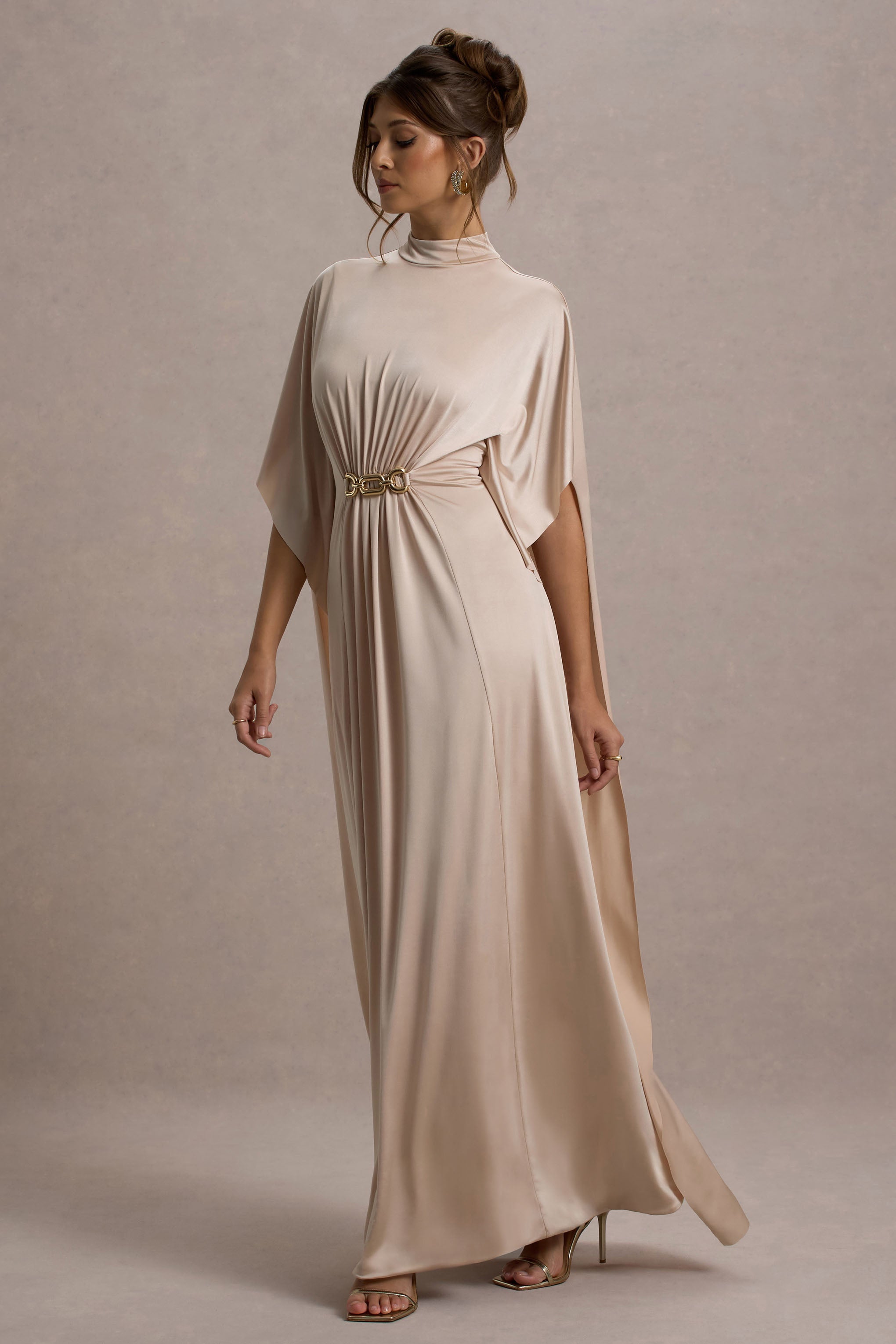 Olessia Champagne Belted Gathered Cape-Sleeve Maxi Dress