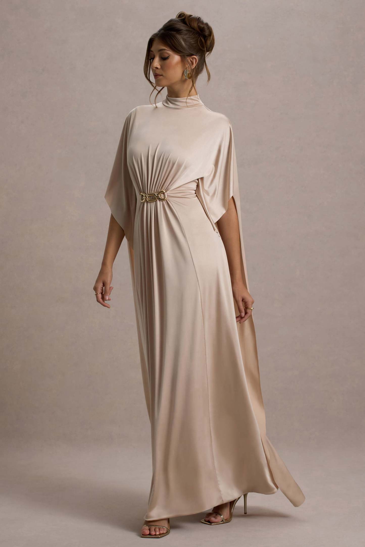 Olessia Champagne Belted Gathered Cape-Sleeve Maxi Dress