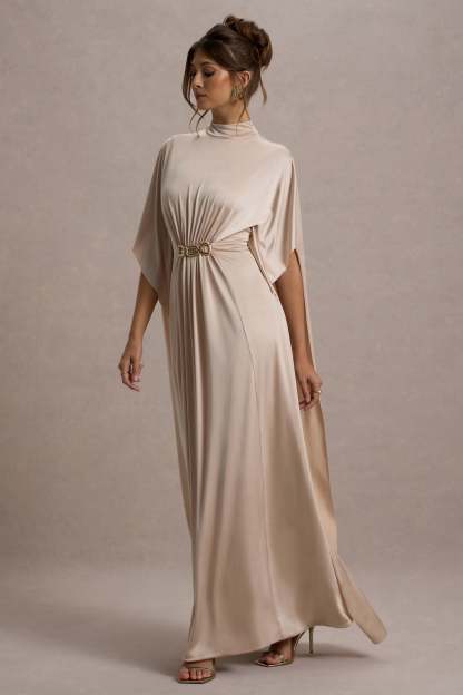 Olessia Champagne Belted Gathered Cape-Sleeve Maxi Dress