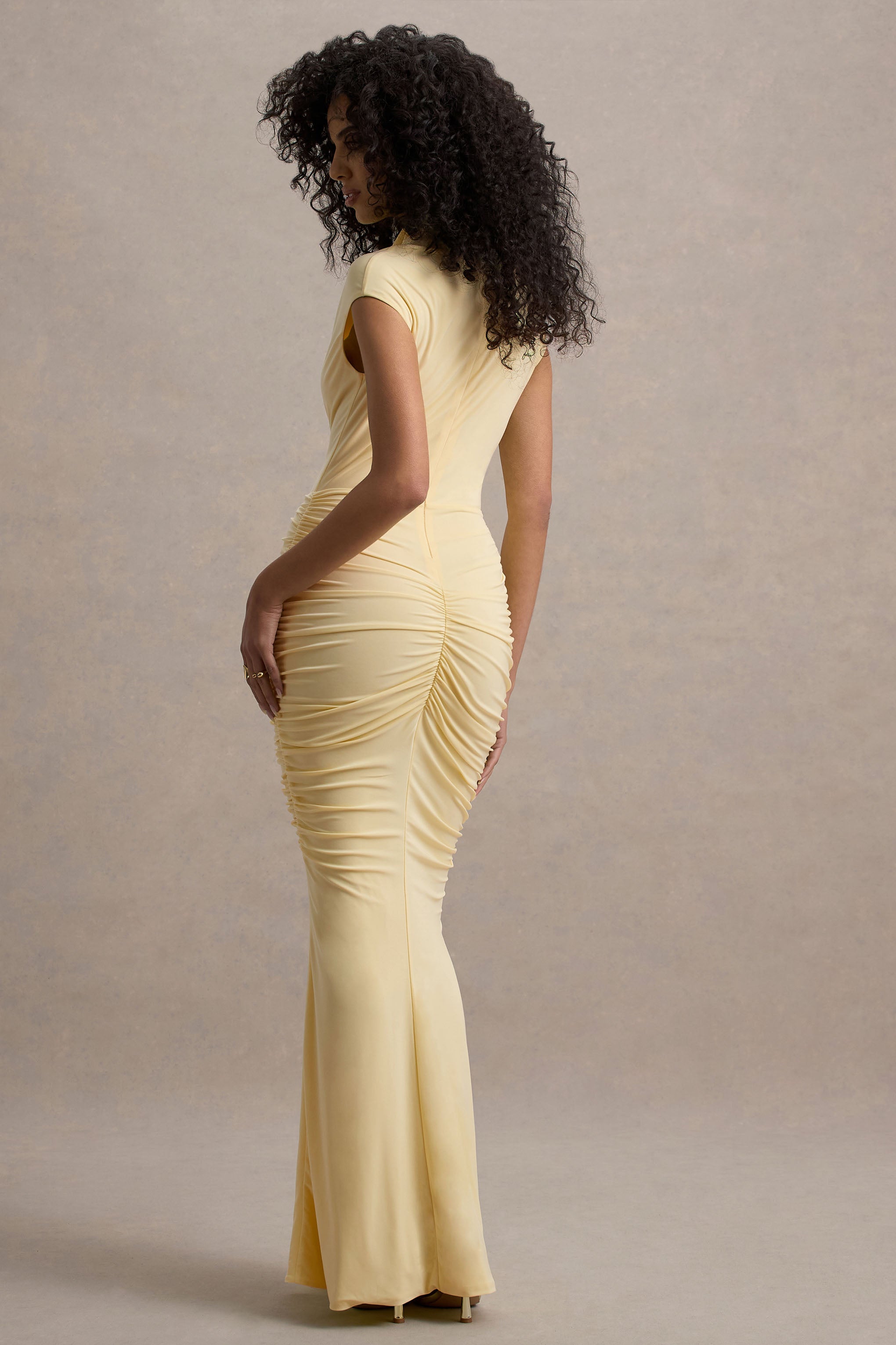 Lemon High-Neck Ruched Maxi Dress With Draped Skirt