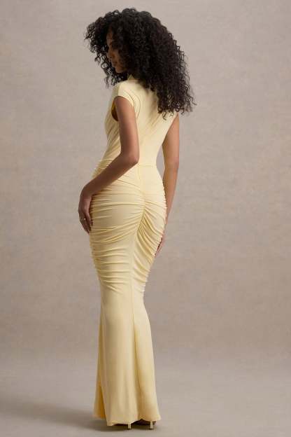 Lemon High-Neck Ruched Maxi Dress With Draped Skirt