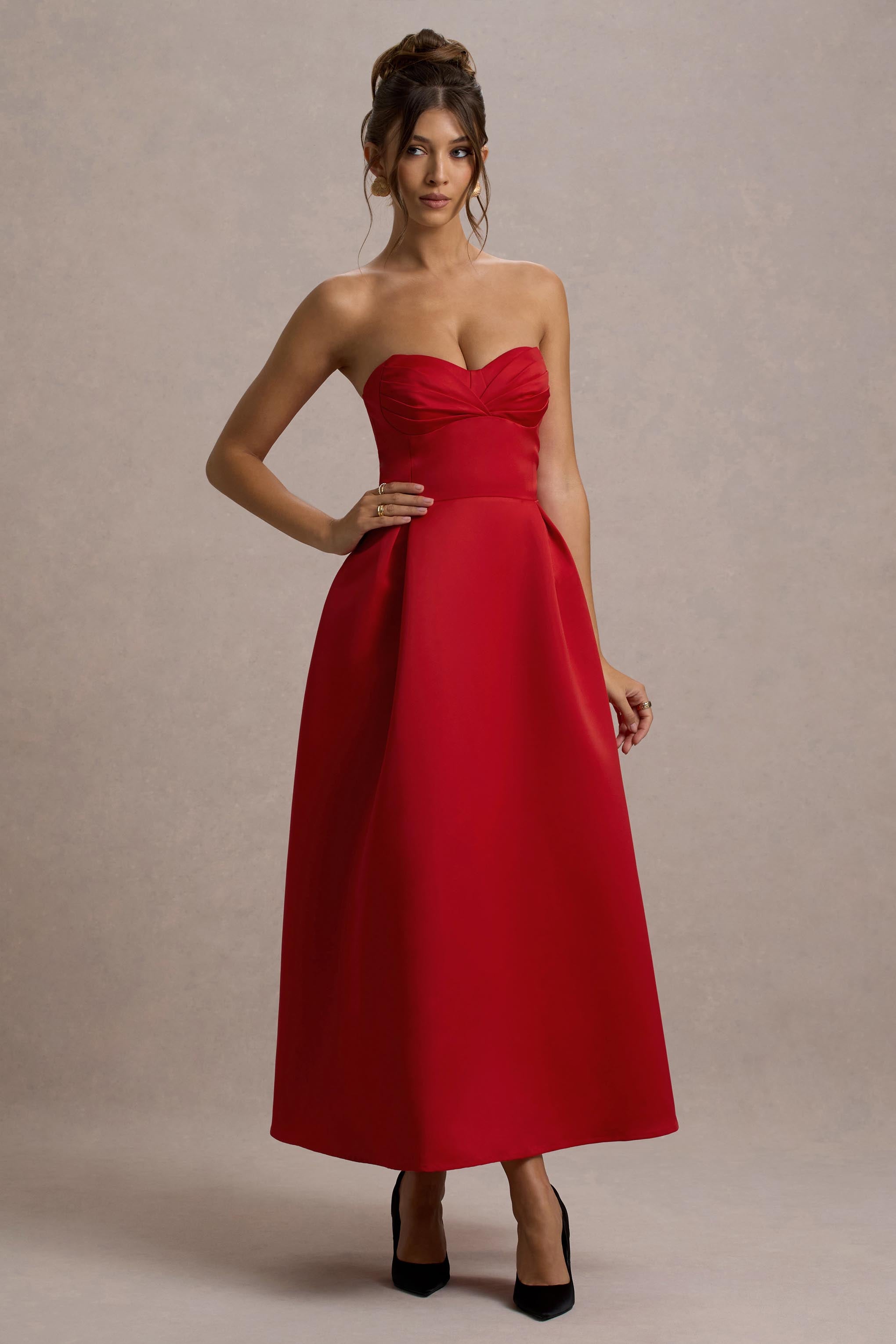 Wintour Red Satin Sweetheart Midi Dress