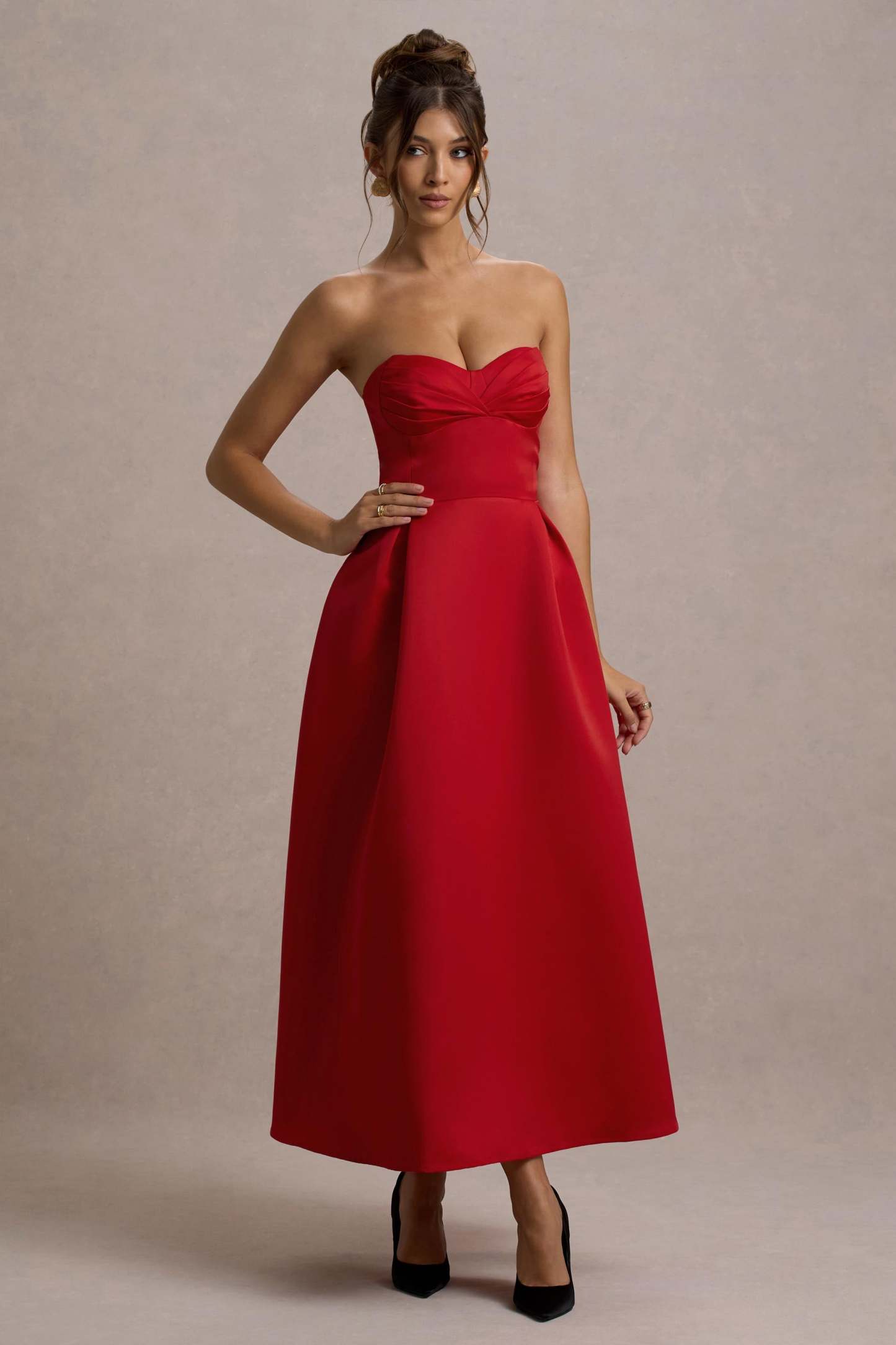 Wintour Red Satin Sweetheart Midi Dress
