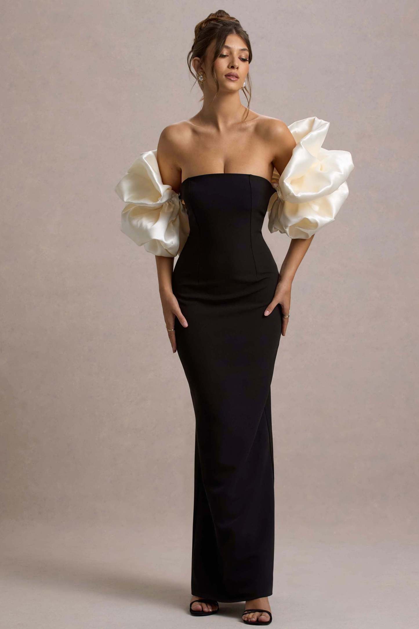 Evermore Black & Cream Puff-Sleeve Maxi Dress