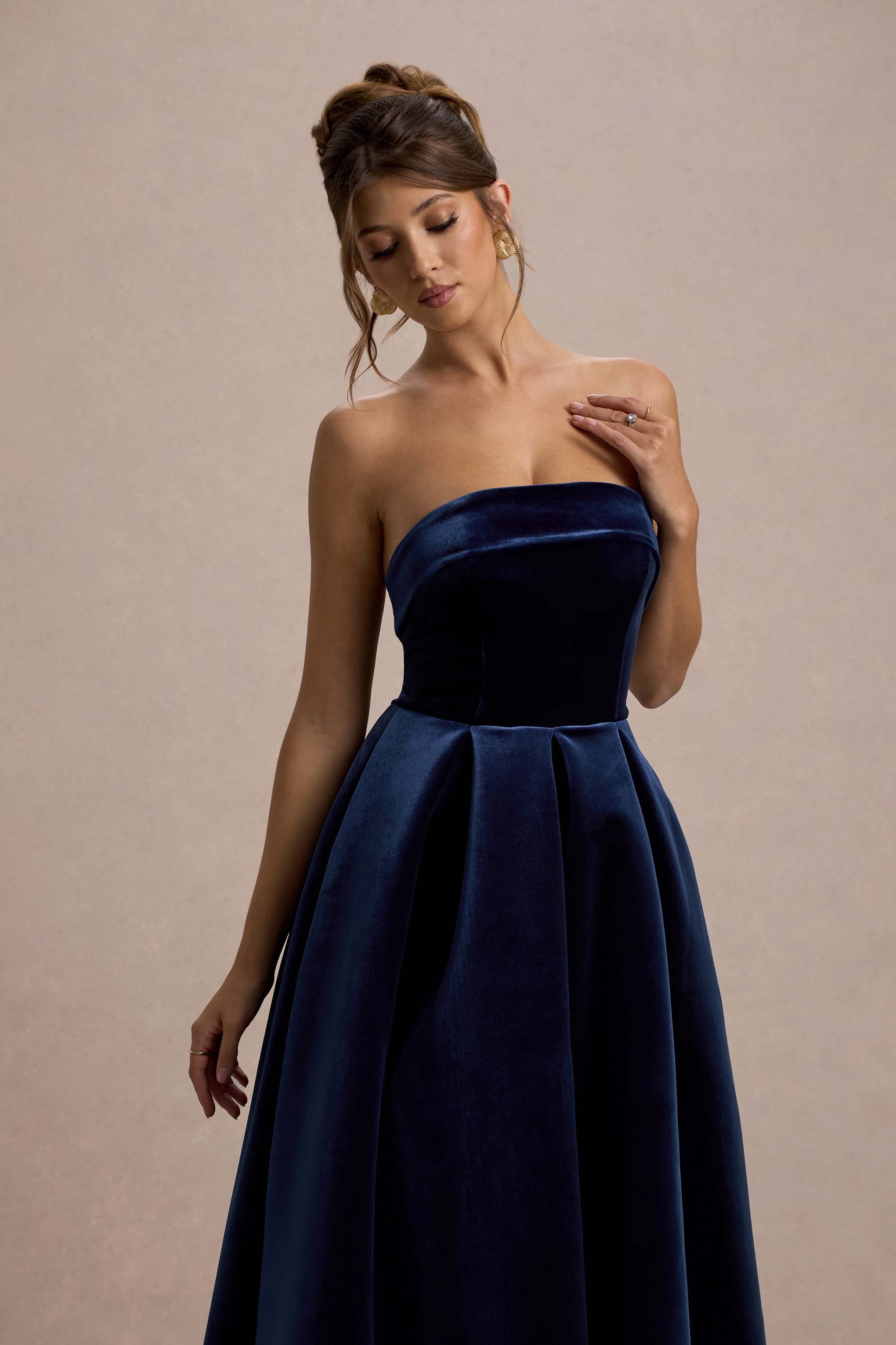 Addina Navy Velvet Bandeau Skater Midi Dress