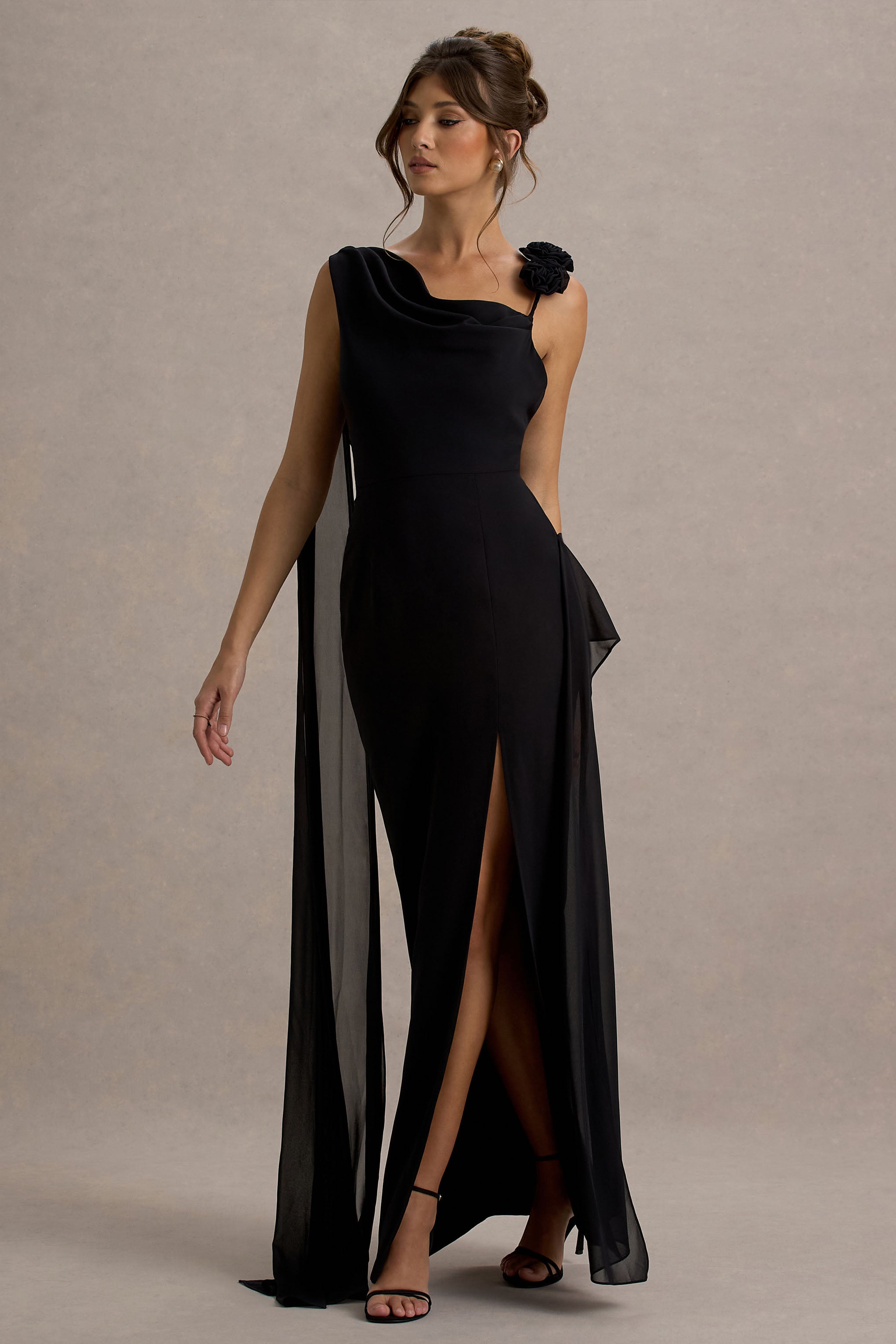 Black Chiffon Draped Split Maxi Dress With Corsages
