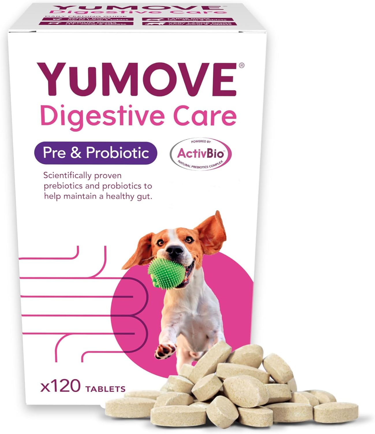 YuMOVE Digestive Care | Dog Pre+Probiotic for Gut Health | 120 Tablets | Eco-Friendly Packaging