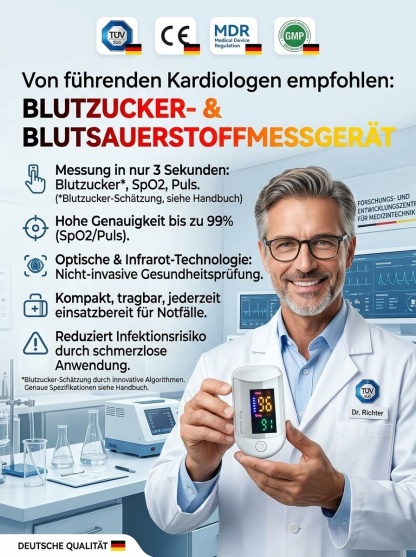 【👨‍⚕️Tragbares Fingerclip-Blutzucker- und Sauerstoffmessgerät】⏱️Schnelle Messung in 3 Sekunden -🪡Kein Fingerstechen erforderlich -✨Genauigkeit von bis zu 99% -🎁Kompakt und tragbar