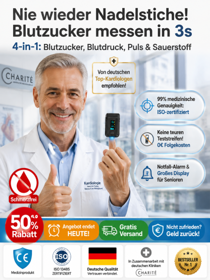 【🎁Nicht-invasives Fingerclip-Blutzucker- und Sauerstoffmessgerät】💖Kein Fingerstechen nötig -⏱️Messung in 3 Sekunden -✨Genauigkeit bis zu 99% -🌟Einfach zu bedienen, kompakt und tragbar.