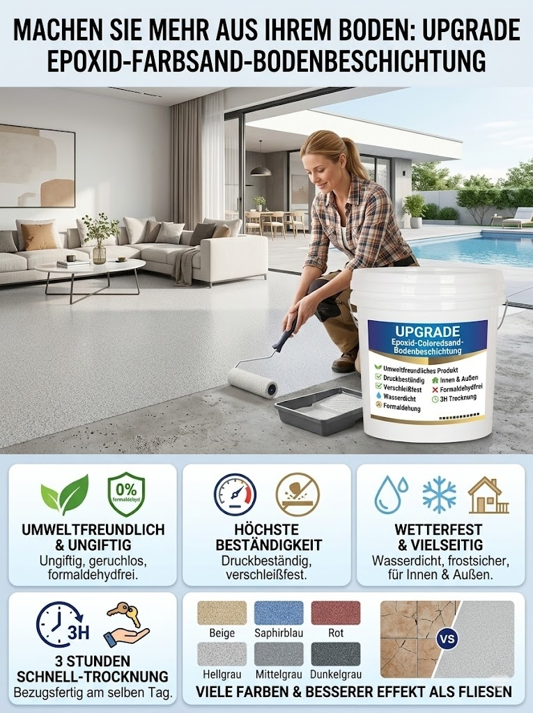 【🔥Erweiterte selbstverlaufende Epoxy-Farbsandbeschichtung】🍃Ungiftig, geruchlos, formaldehydfrei —🥇Druck- und abriebfest, wasser- und rutschfest —❄️Beständig gegen extreme Temperaturen, ohne Risse