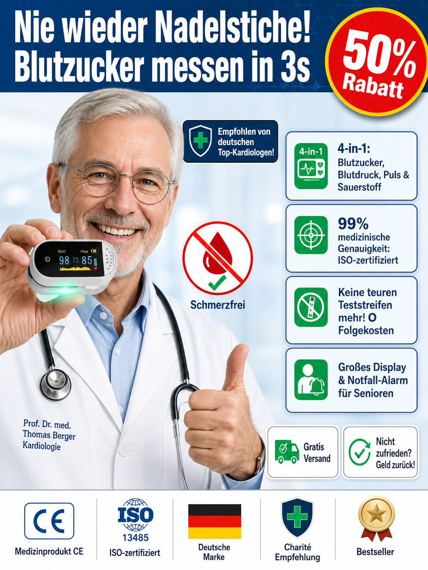 【Tragbares Blutzucker- & Pulsoximeter】3-Sekunden-Messung - 99 % Genauigkeit – ISO-geprüft