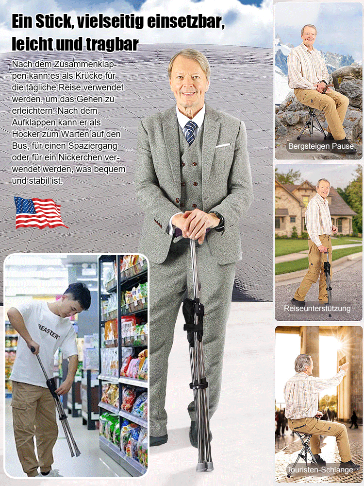 【In einer Sekunde zum Stuhl umwandelbar】Outdoor-Gehstockstuhl