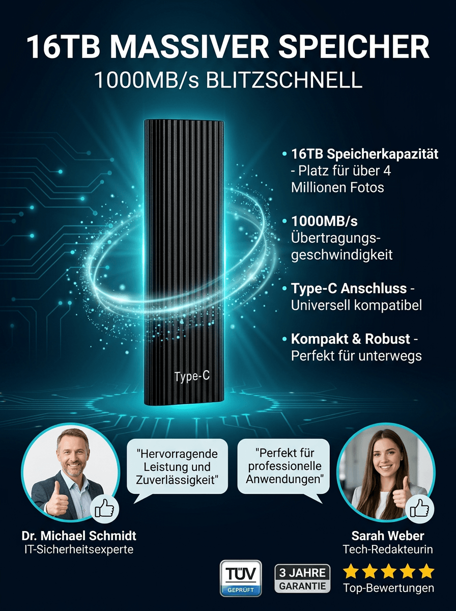 【🔥16TB Mini-Festplatte mit großer Kapazität】💌8-Sekunden-Übertragung -💖Plug-and-Play -🖐️Handflächengröße -💻Kompatibel mit verschiedenen Geräten