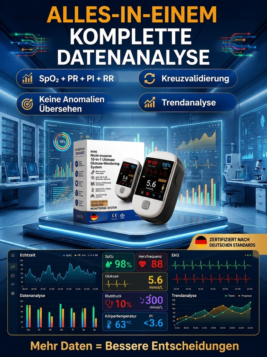 【Tragbares Blutzucker- & Pulsoximeter】3-Sekunden-Messung - 99 % Genauigkeit – ISO-geprüft