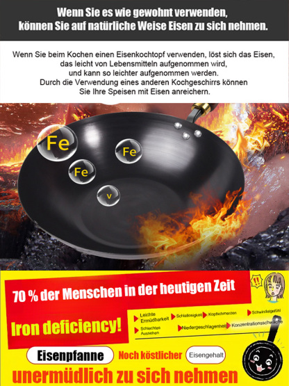 【Ohne Beschichtung, gesünder】Handgehämmerte Eisenpfanne