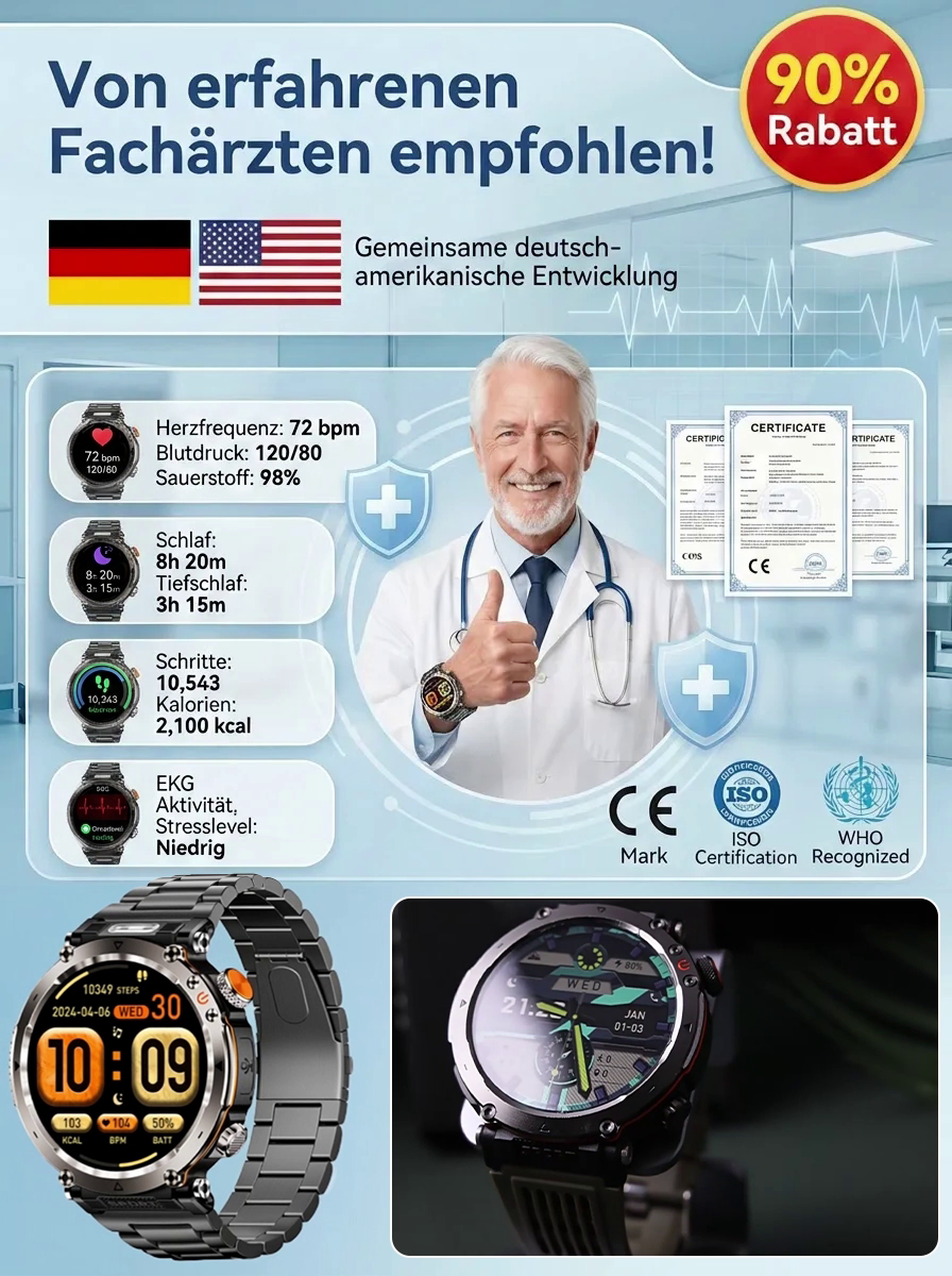 Smartband, Uhr, Kompass, Sportfunktionen, Taschenlampe, Herzfrequenzmesser