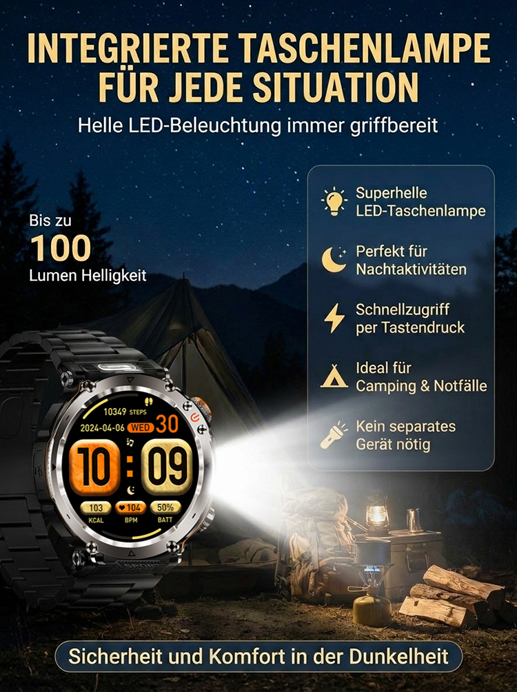 Smartband, Uhr, Kompass, Sportfunktionen, Taschenlampe, Herzfrequenzmesser