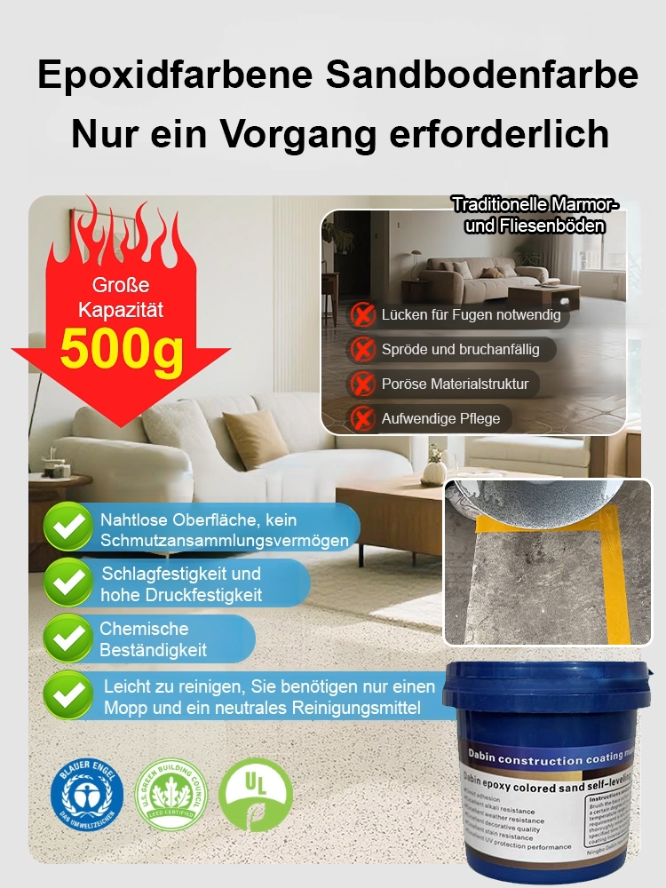 【🔥Erweiterte selbstverlaufende Epoxy-Farbsandbeschichtung】🍃Ungiftig, geruchlos, formaldehydfrei —🥇Druck- und abriebfest, wasser- und rutschfest —❄️Beständig gegen extreme Temperaturen, ohne Risse