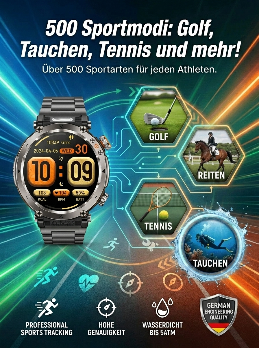 Smartband, Uhr, Kompass, Sportfunktionen, Taschenlampe, Herzfrequenzmesser