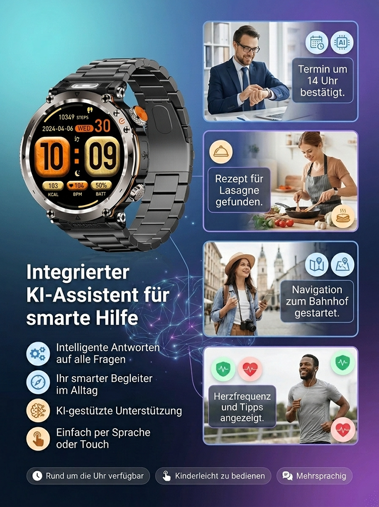 Smartband, Uhr, Kompass, Sportfunktionen, Taschenlampe, Herzfrequenzmesser