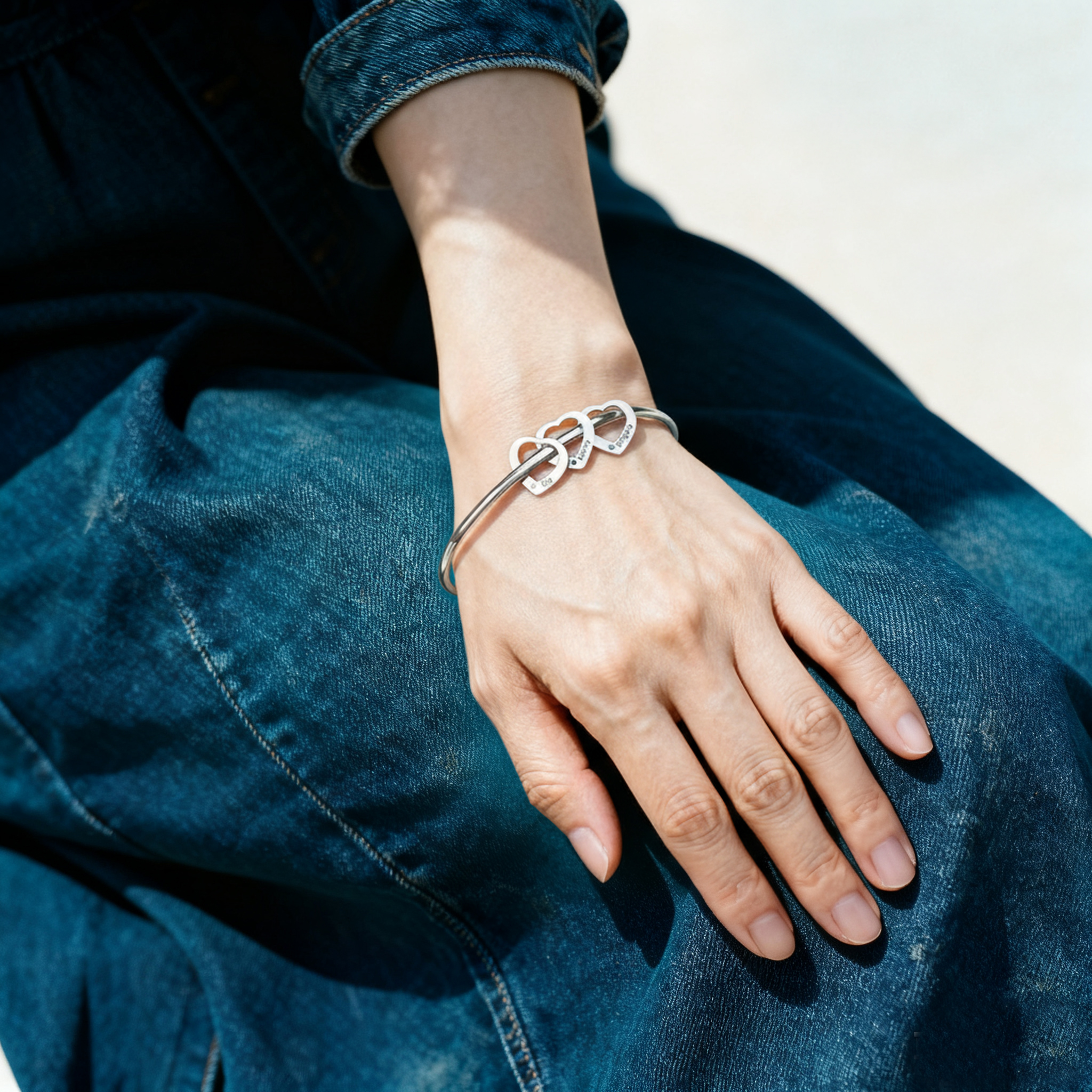 Personalized Heart Charm Bangle Bracelet with 2 Birthstones Engraved Names