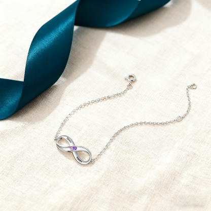 Personalized Infinity S925 Bracelet with 2 Birthstones Engraved Names