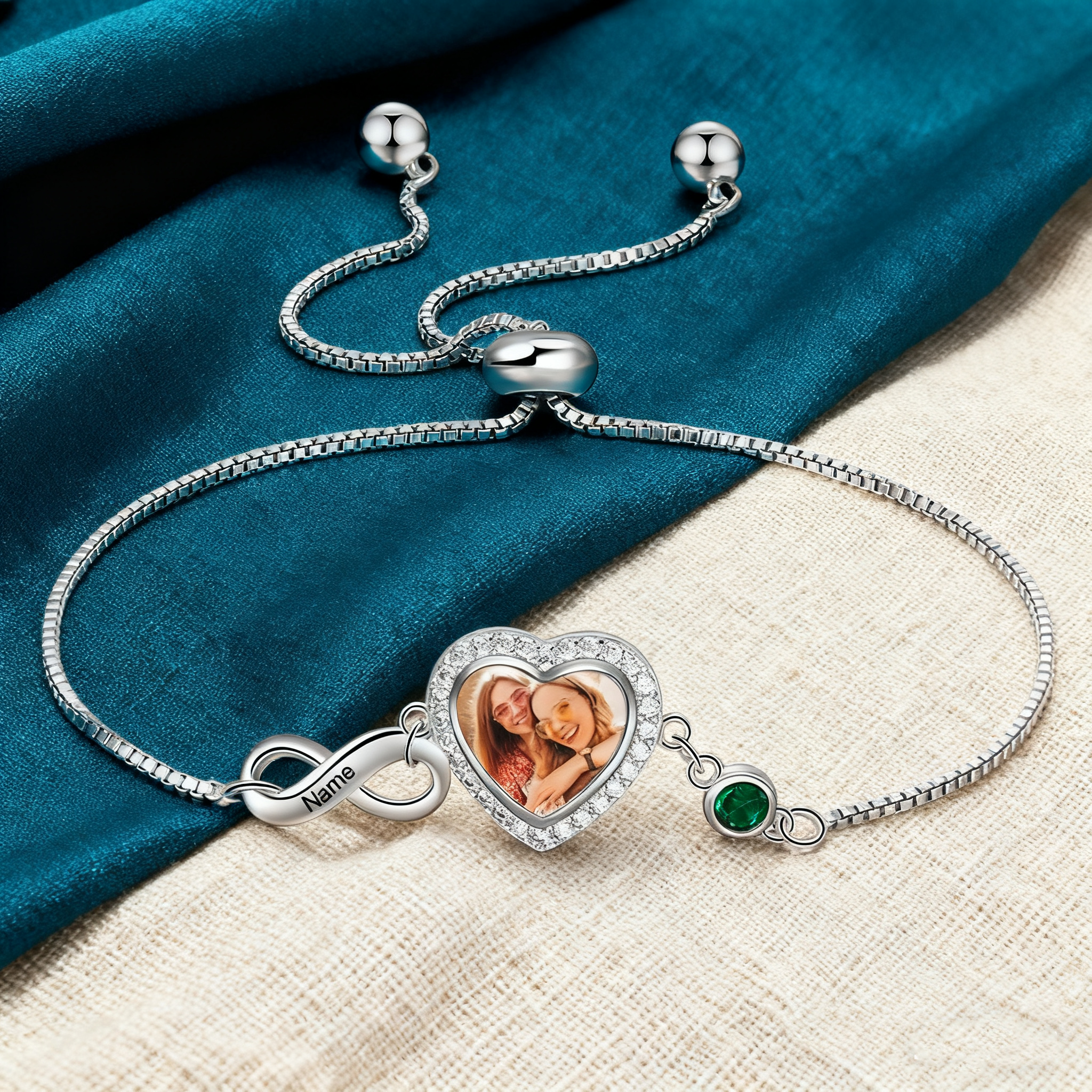 Infinity Love Heart Photo Bracelet with 2 Birthstone 2  Names Personalized Gift