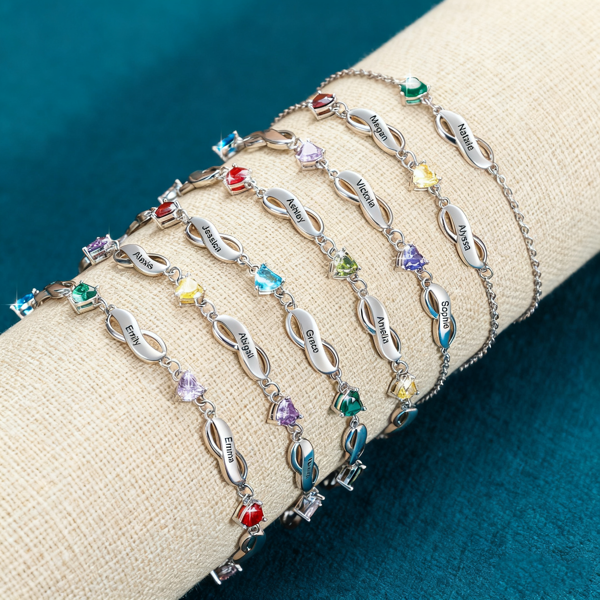 Infinity Bracelet with 1-7 Heart Shape Birthstones for Mom