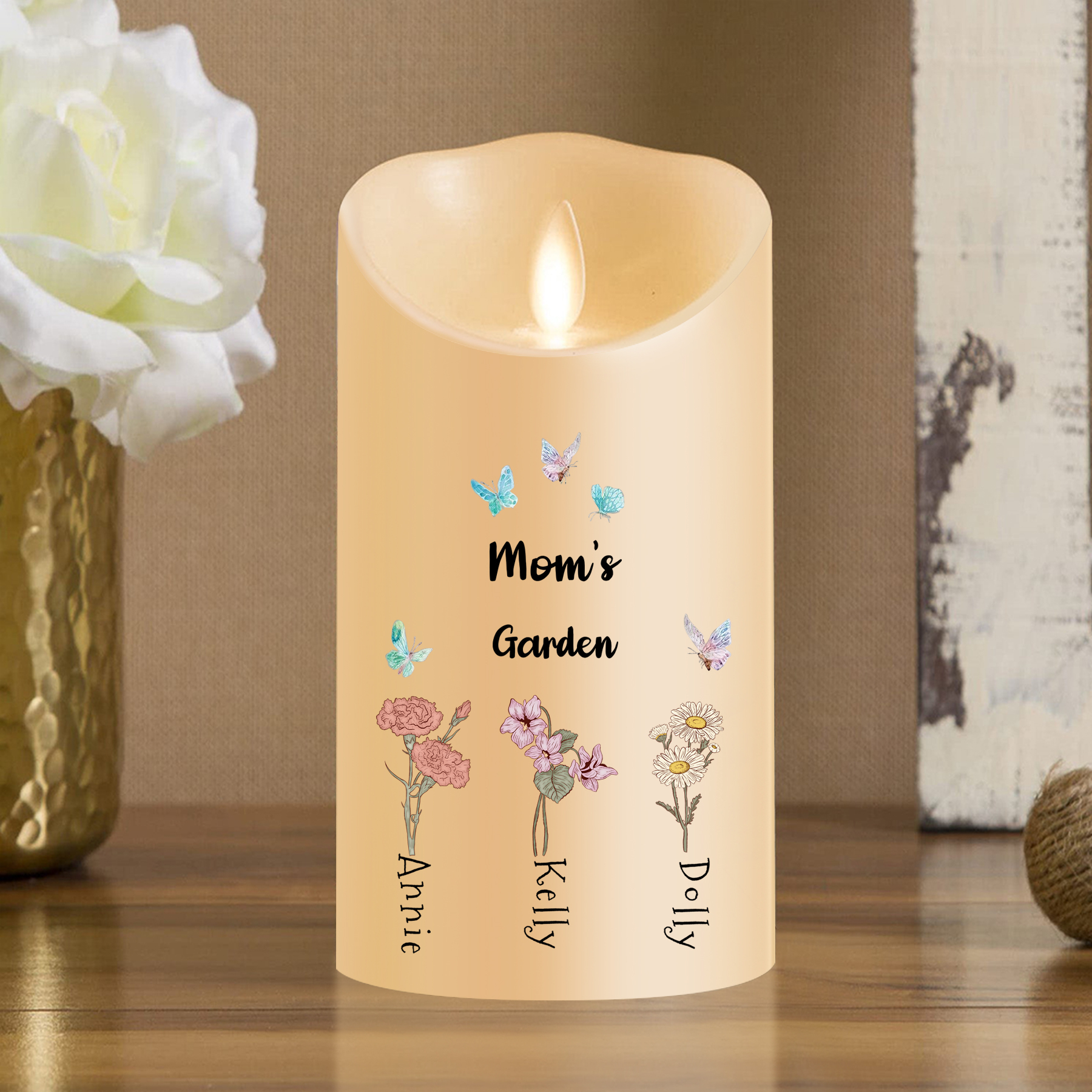 Personalized LED Flameless Candle, Custom 2 Texts & 1-6 Names Floral Gift For Her | Lorajewel