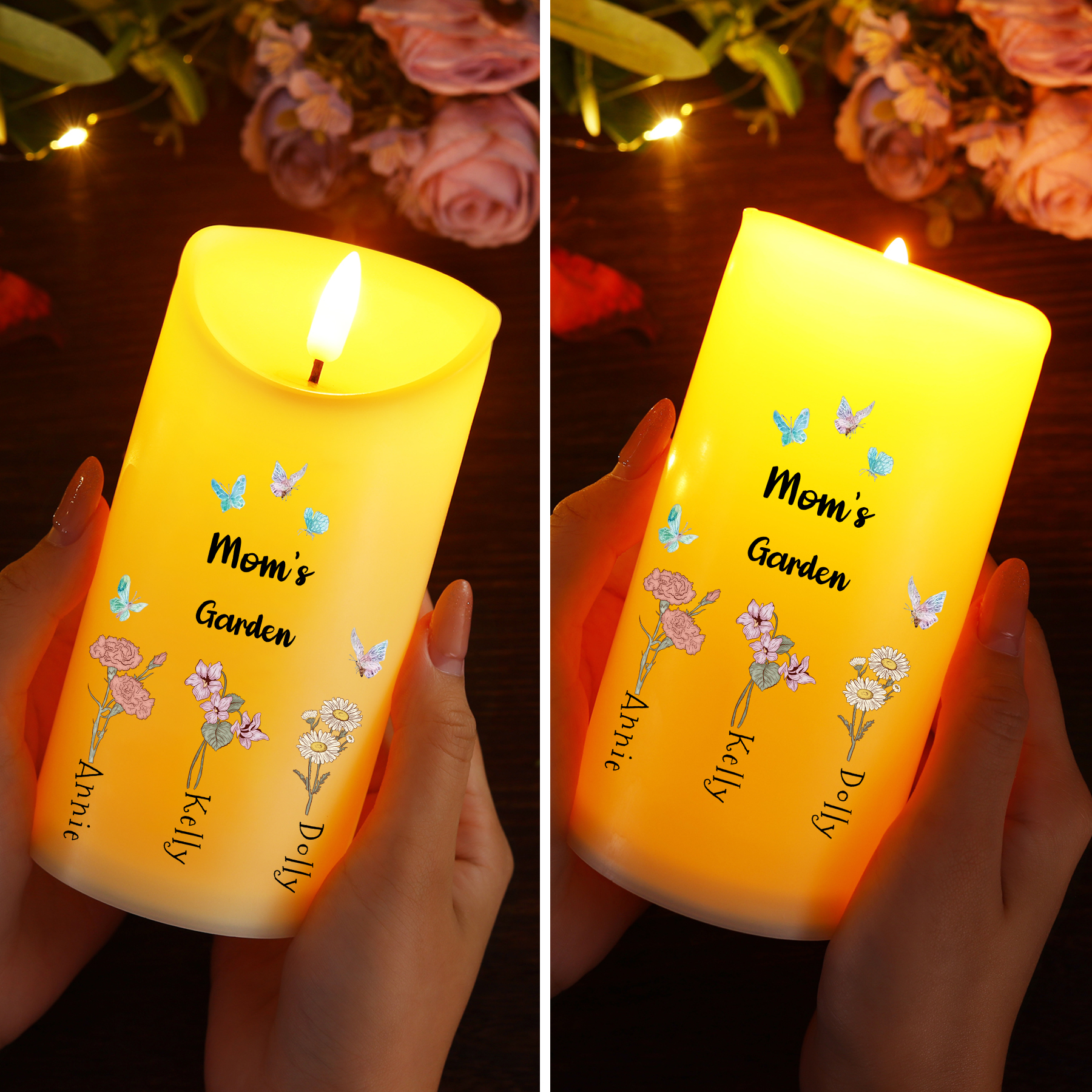 Personalized LED Flameless Candle, Custom 2 Texts & 1-6 Names Floral Gift For Her | Lorajewel