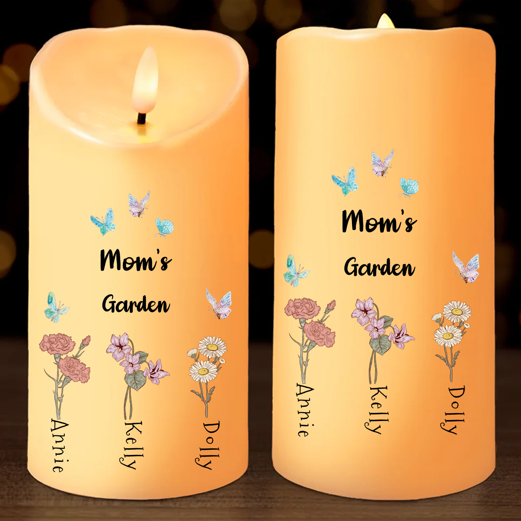 Personalized LED Flameless Candle, Custom 2 Texts & 1-6 Names Floral Gift For Her | Lorajewel