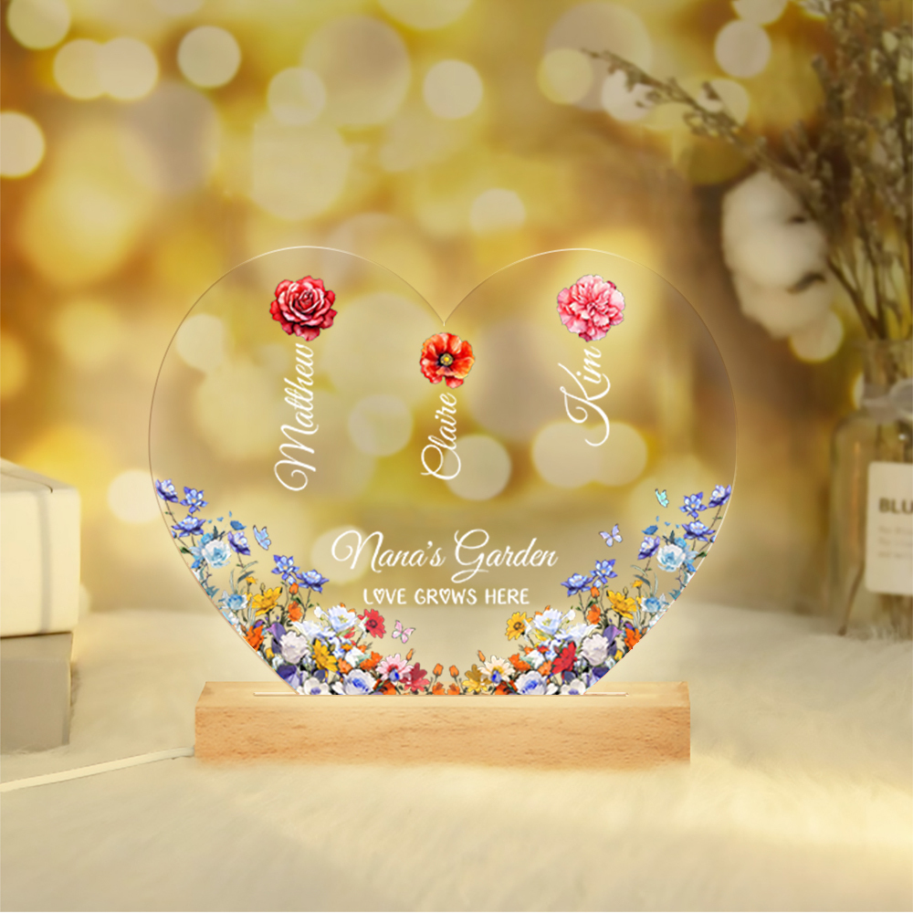 Personalized Heart Acrylic Plaque, Custom 1-8 Names Floral LED Night Light Gift For Nan | Lorajewel