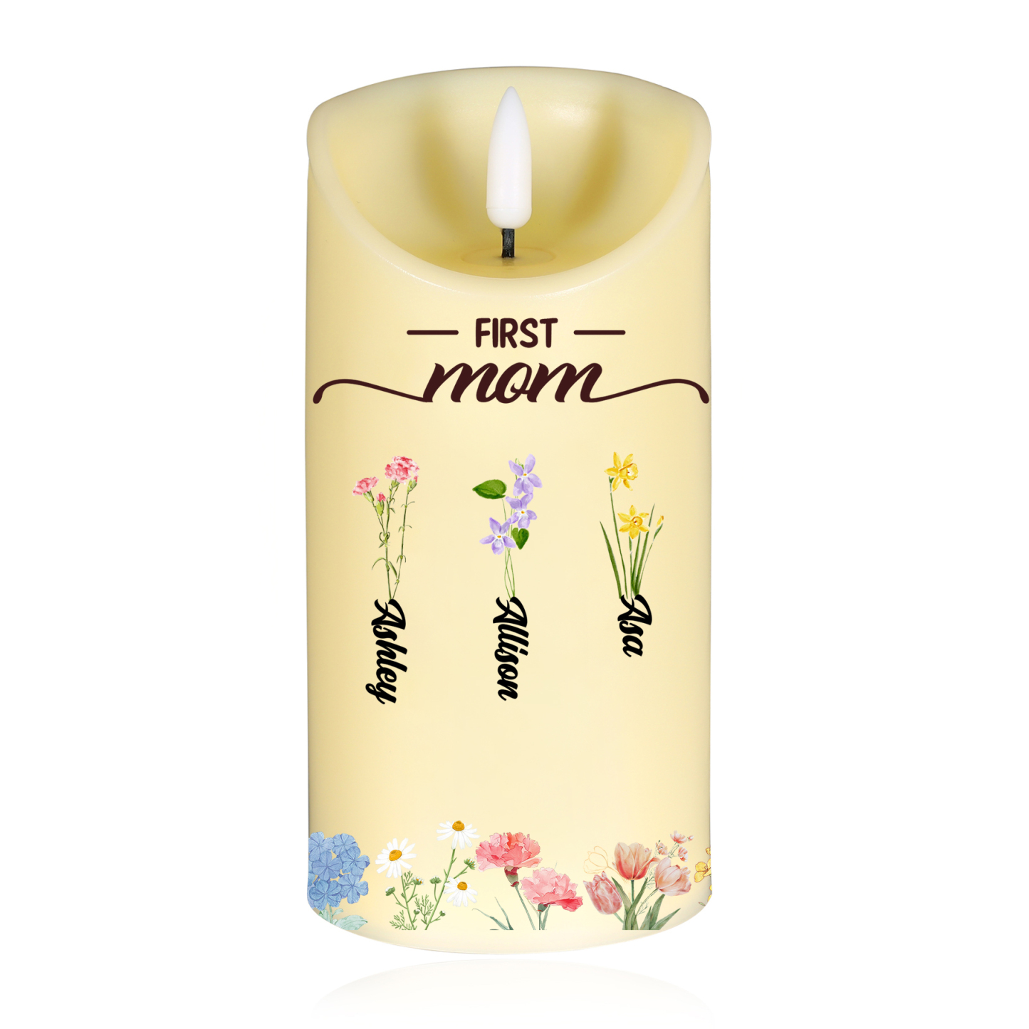 Custom Birth Flower LED Candle – Personalized Gift for Mom or Grandma with Kids’ Names | Lorajewel