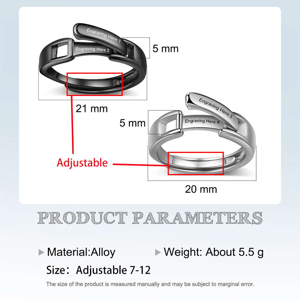2 PCS Adjustable Size Couple Ring Personalized Matching Rings Gift with Box for Couple