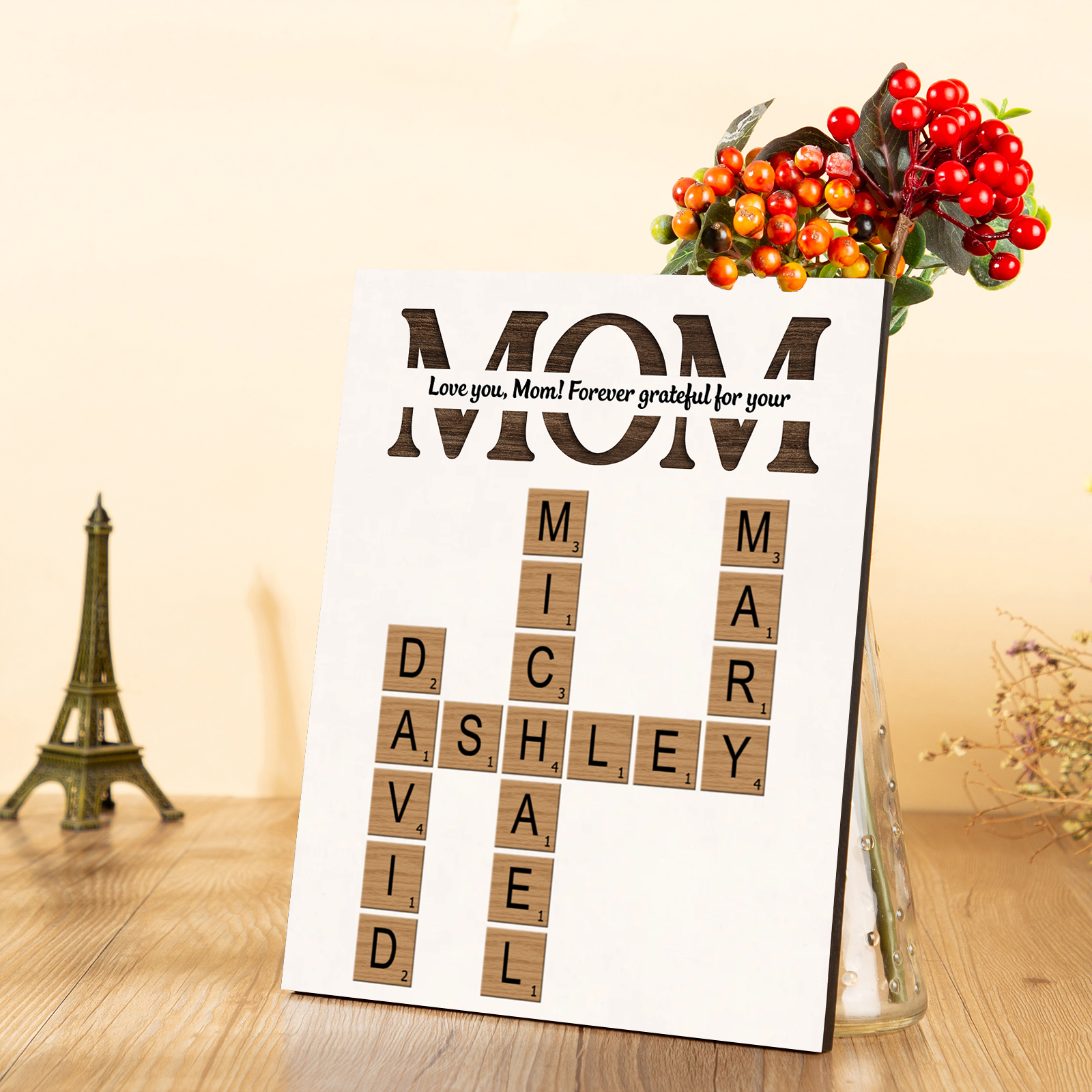 Personalized Crossword Wooden Ornament, with Custom Text & Name Ornament Gift for Mom | Lorajewel