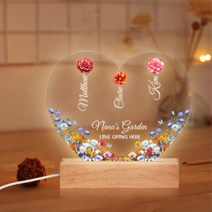 Personalized Heart Acrylic Plaque, Custom 1-8 Names Floral LED Night Light Gift For Nana | Lorajewel