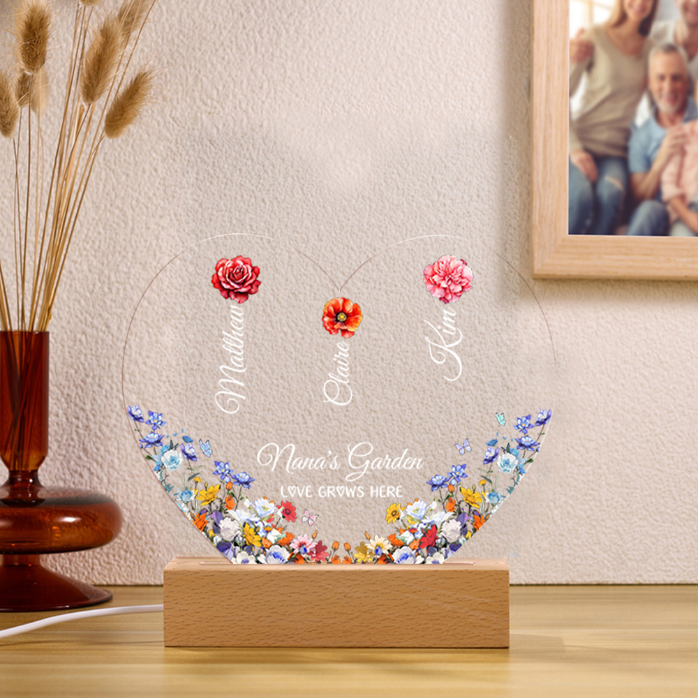 Personalized Heart Acrylic Plaque, Custom 1-8 Names Floral LED Night Light Gift For Nana | Lorajewel