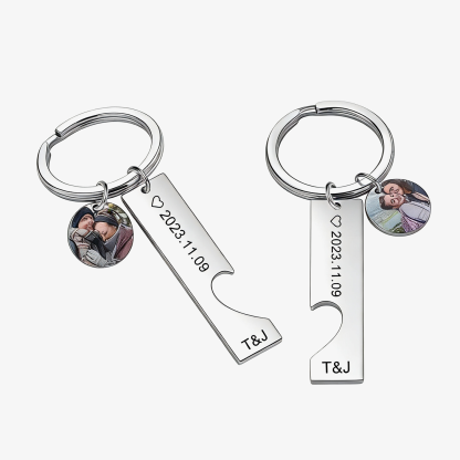Personalized Couple Keychain Custom 2 Names & 2 Dates & 2 Photos Keyring Matching Couple Gifts Valentine's Day Gift for Him/Her