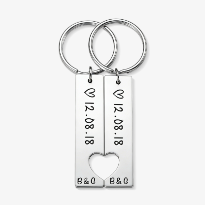Heart Keychain Set Personalized Date Initial Matching Couple Gifts